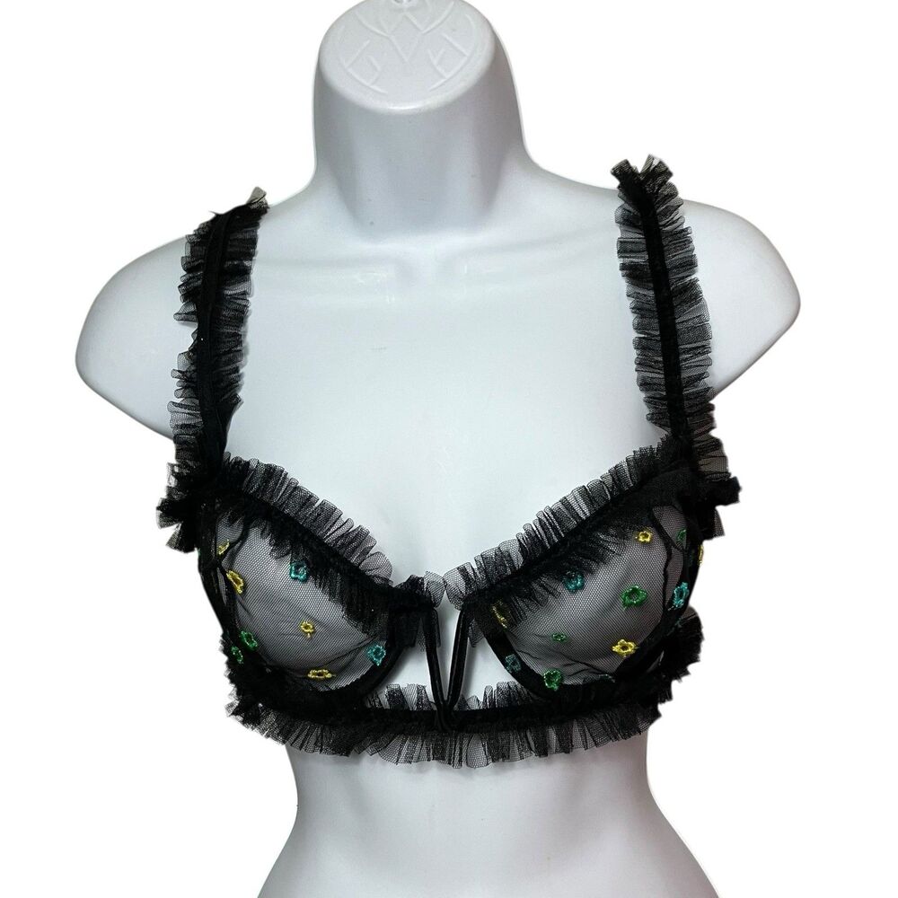 Le Petit Trou Black Sheer Mesh‎ Floral Underwire Embroidered Ruffle Bra